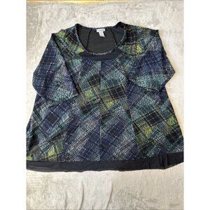 CATHERINES Womens Boho Tunic Blouse Crew Neck 3/4 Sleeve Stretch Green Blue 3X